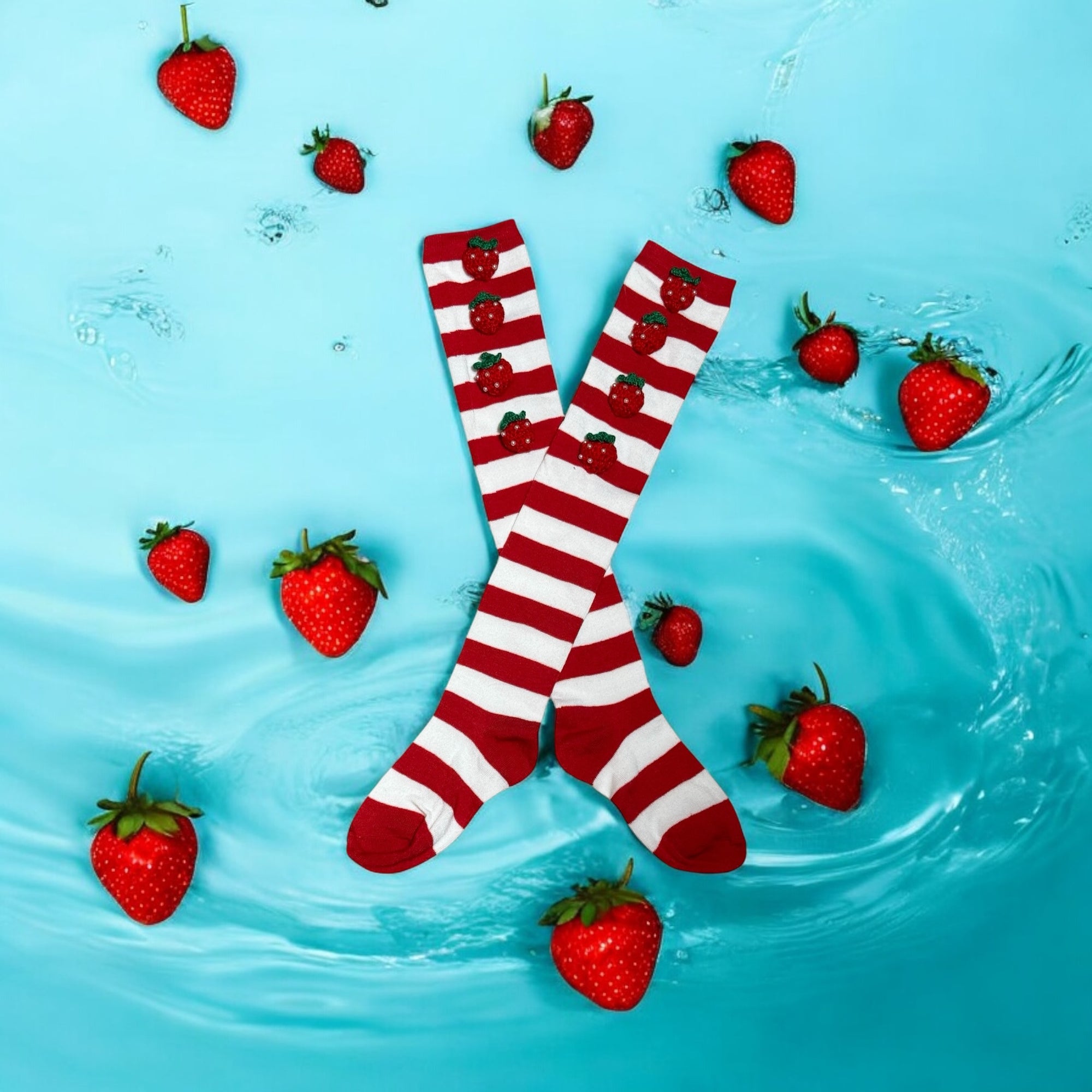 Strawberry Whimsical Striped Knee high socks